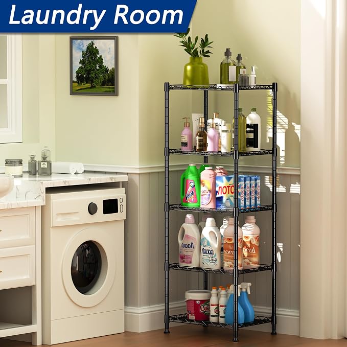 REGILLER 5-Wire Shelving Metal Storage Rack Adjustable Shelves,Standing Storage Shelf Units for Laundry Bathroom Kitchen Pantry Closet(Black,11.8" D x 16.6" W x 53.5" H) - Image 4