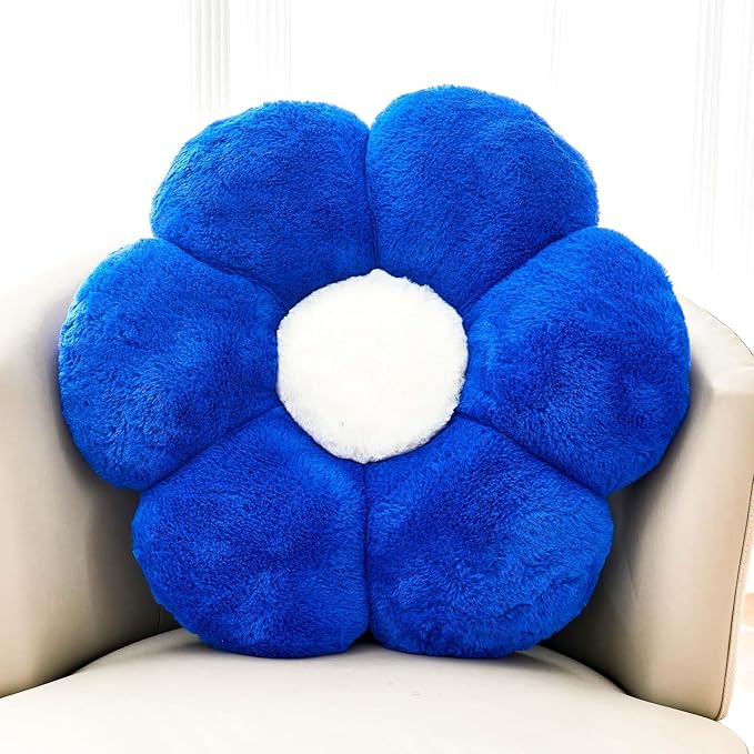 Kcvvcr Flower Pillow Cute Decorative Throw Pillow with Faux Rabbit Fur Soft Daisy Plush Floor Cushion Aesthetic Flower Shaped Pillow Home Decor for Bed Sofa Couch (Royal Blue, 14.9 Inch)