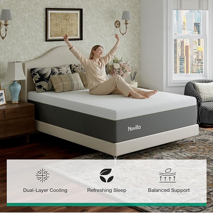 Novilla Bliss Green Tea Queen Mattress, 14 Inch Gel Memory Foam Mattress Queen in a Box for Cooling Comfort with Nylon Cover, Pressure Relieving & Spine Alignment with CertiPUR-US Certified Foams
