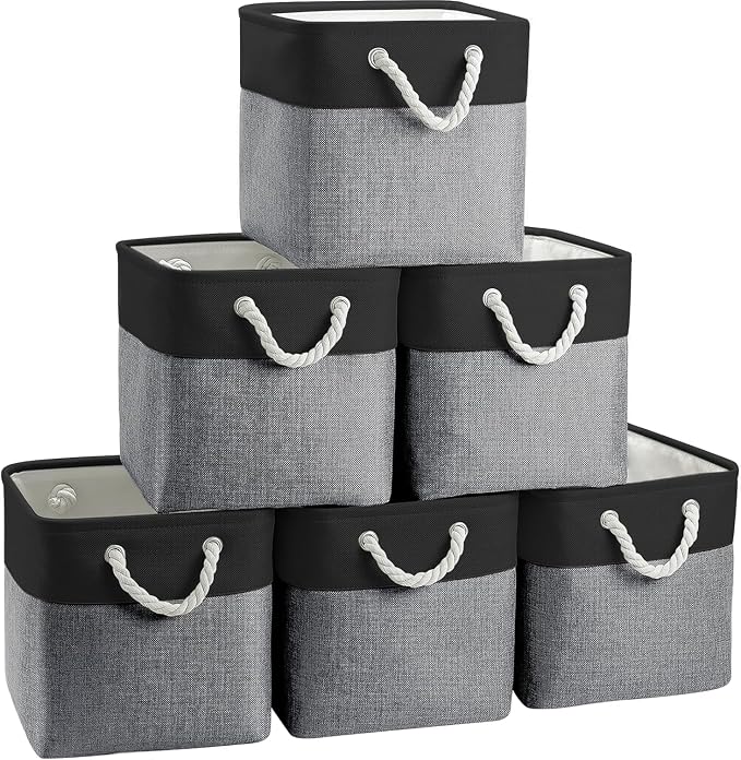 Cube Storage Bins, Collapsible Fabric Cube Storage Bin, 11 Inch Cube Storage Bins with Handles, Foldable Storage Cubes (Black/Gray, 6Pack) by BOFUGA