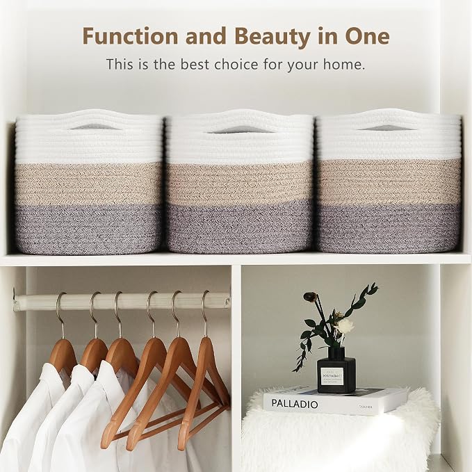 ECDYQXVU Cotton Rope Storage Basket, 15x10x9 Inches, Woven Basket for Shelves, Clothes, Towels, Books, and Laundry, White Brown (1 Pack) - Image 5