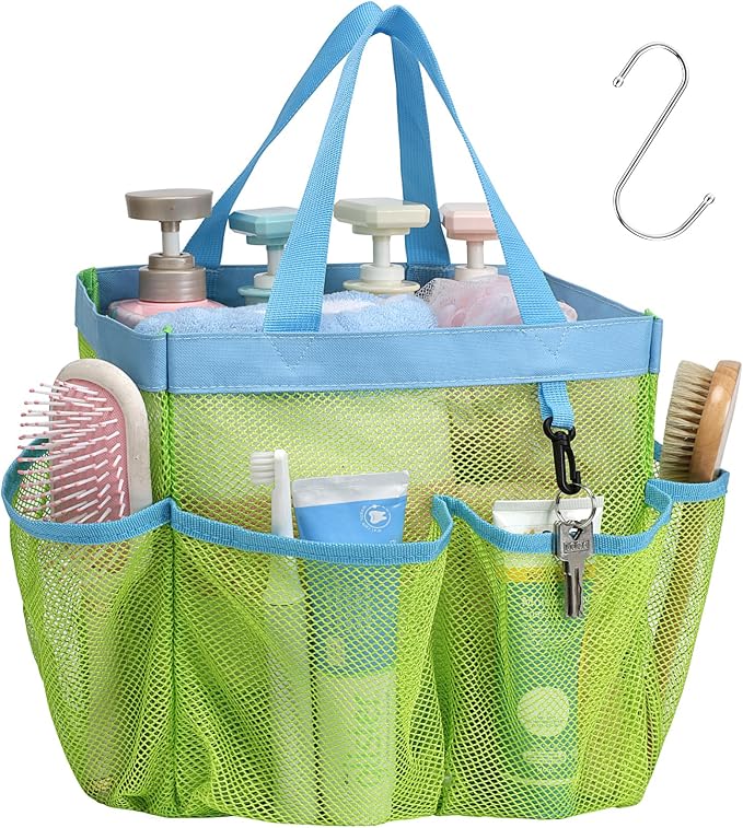 F-color Mesh Shower Caddy Portable, Upgrade Deeper 7 Pockets Shower Bag Basket Bag Tote for College Dorm Room Toiletry Bathroom Essentials Gym Camp Quick Dry 2 handles with S Hook by F-color