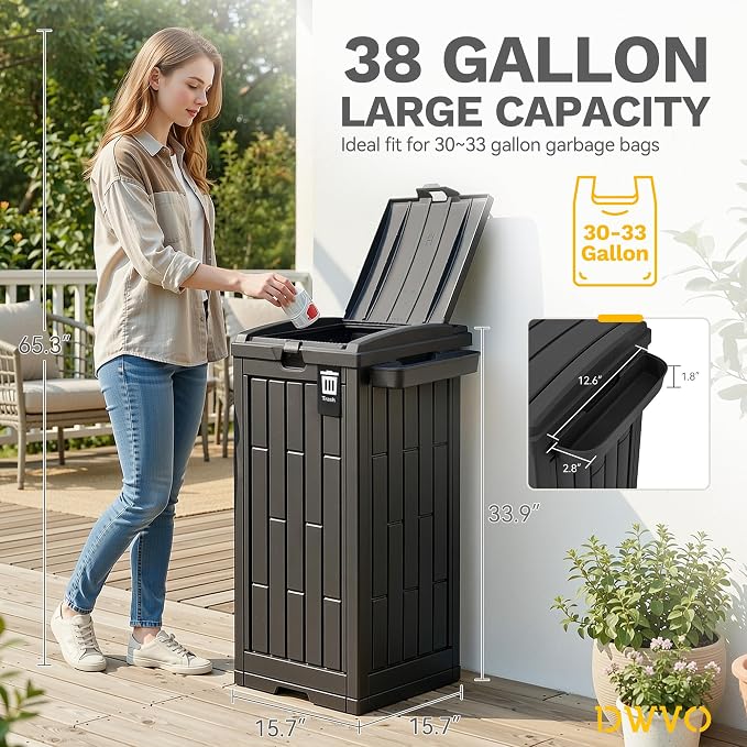 DWVO 38 Gallon Outdoor Trash Can, Set of 2 Resin Garbage Bins with Lids, Includes 2 Sorting Labels, Ash Holder, Stakes & Suction Cups, Hideaway Storage for Patio Backyard Garden, Black - Image 6