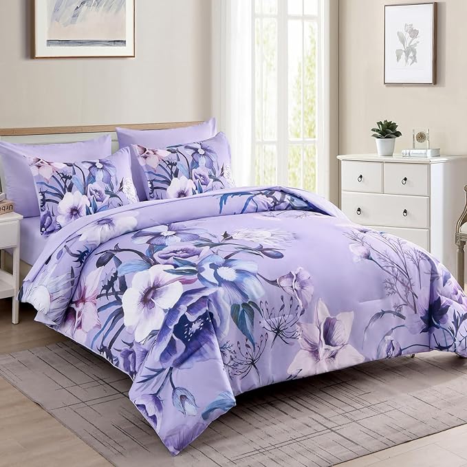 Luxudecor Lavender Purple Floral Comforter Set King Size 7 Piece, Flower Bed in a Bag, Elegant Comforter Bedding Set for All Season (Lavender, 104"x90")