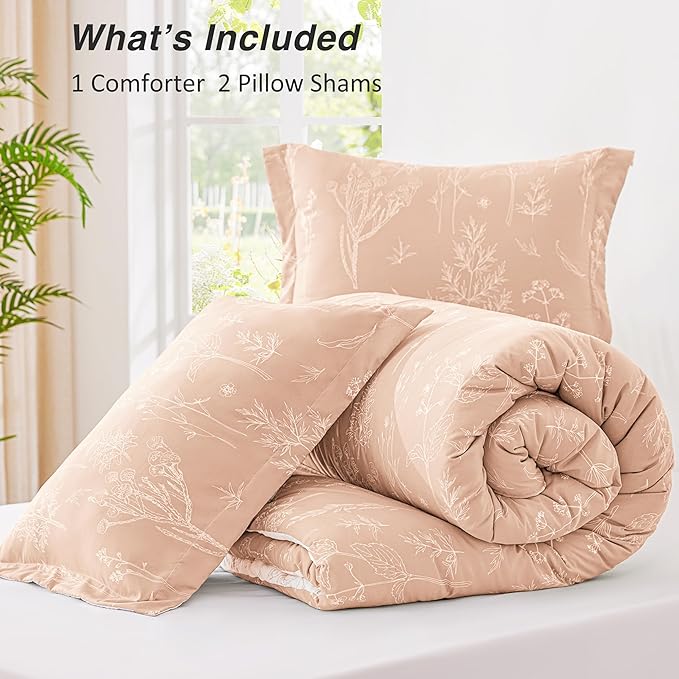 Love's cabin Pink Queen Comforter Set - Queen Size Comforter Set, 3 Pieces Cute Floral Bedding Sets for All Seasons,1 Soft Reversible Botanical Flowers Comforter and 2 Pillow Shams