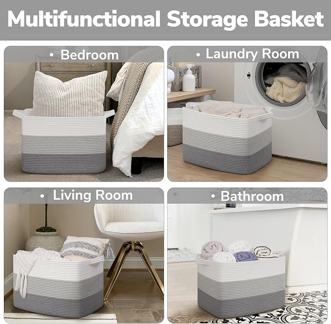 Goodpick Large Woven Basket, Rectangle Rope Storage Baskets for Organizing, Blanket Basket with Handles for Living Room, Nursery, Gradient Gray, 18 x 14 x 12 Inches - Image 6