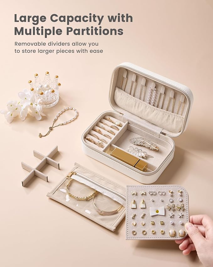 Lolalet Travel Jewelry Case for Women Girls, PU Leather Jewelry Organizer with Clear Storage Bag Small Portable Jewelry Box for Necklace Bracelet Earring Ring Mothers Day Birthday Gifts -Medium/Beige - Image 4