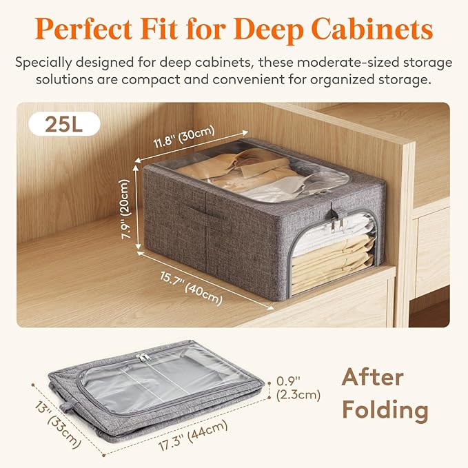 Lifewit Clothes Storage Bins with Metal Frame 6 Pack, Fabric Stackable Storage Bags with Lids, Zipper, Foldable Clost Organizers Containers for Clothing, Blanket, Winter Cloth, 25L