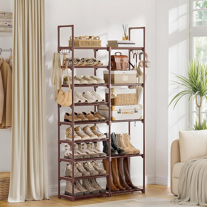 WOWLIVE 9 Tiers Large Shoe Rack Brown Shoe Rack Organizer for Closet 30-35 Pairs Stackable Heavy Duty Shoe Shelf Shoe Storage with Metal Pipes Plastic Connectors - Image 4