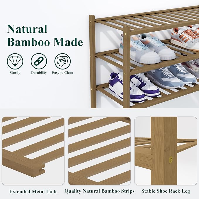Smiry Shoe Rack, 3 Tier Thick Bamboo Shoe Organizer, Stackable Free Standing Wooden Shoe Storage Shelf for Closet, Entryway, Front Door Entrance, Walnut - Image 3