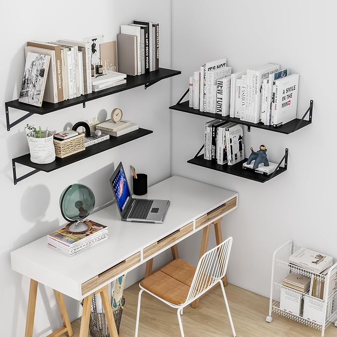 Heimlove Black Deep Floating Shelves for Wall, 48W x 12D Wood Wall Shelves Set of 2, Wide Floating Bookshelf for Living Room, Kitchen, Office, Bedroom and Decor Storage, with Metal Bracket - Black - Image 2