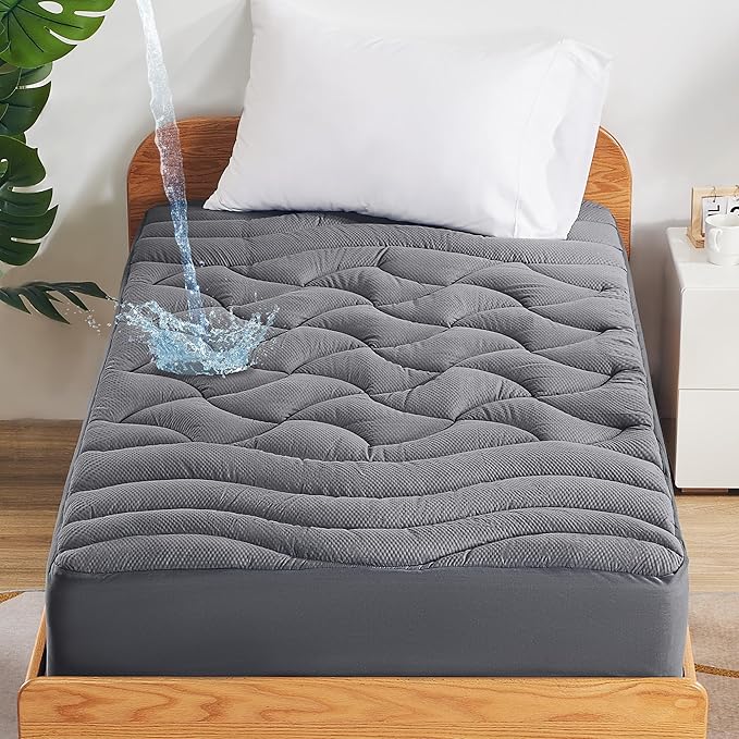 SLEEP ZONE Waterproof Mattress Pad Twin, Breathable Mattress Topper Quilted Fitted Cover Protector with Deep Pockets fits 8-21 inch, Gray