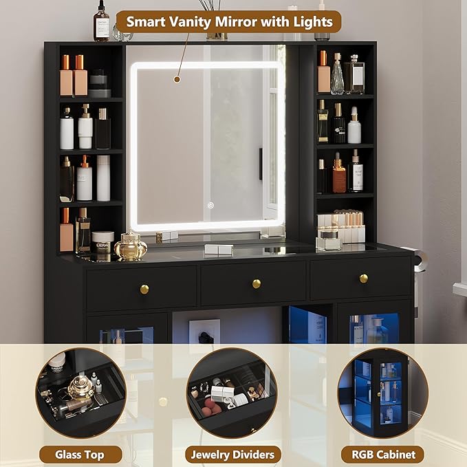 Black Vanity Desk with Mirror and Lights, Glass Top Vanity with Lighted Mirror & RGB Cabinet and 3 Drawers, Dressing Table with 8 Shelves, Makeup Desk with Lights for Girls Bedroom, 3 Color Modes