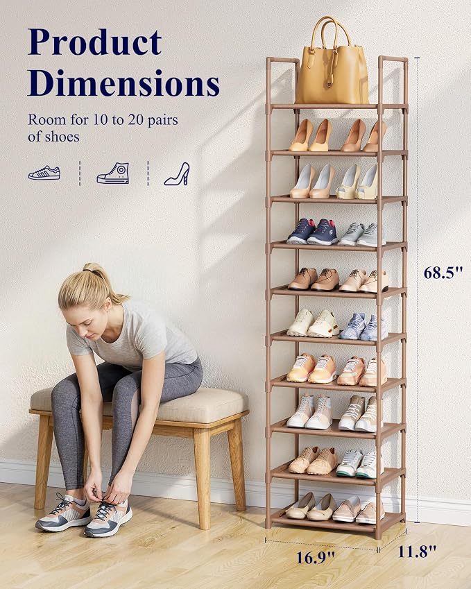 Kitsure Shoe Rack - 10-Tier Shoe Organizer with Detachable Fabric Shelves & Metal Frame, Tall Shoe Rack for Closet, Entrance, Living Room, 16.9" Wide - 10 Tier, Brown - Image 3