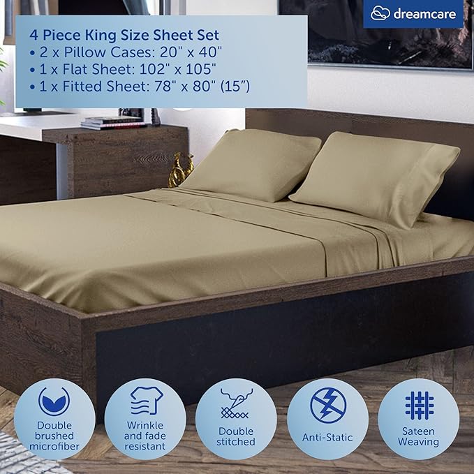 DREAMCARE Queen Size Sheets - Cooling Bed Sheets - 4pcs Set - up to 15" Deep Pocket Queen Sheet Set - Sheets Queen Size Bed - Soft & Long Lasting 100% Brushed Polyester with Side Pocket, Eucalyptus