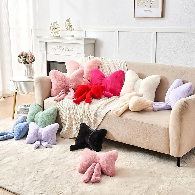 Hot Pink Bow Pillow,16'' Bow Decorative Pillows with Faux Rabbit Fur,Soft Bow Throw Pillows Aesthetic Bow Shaped Pillow for Bed Sofa Couch Home Decor