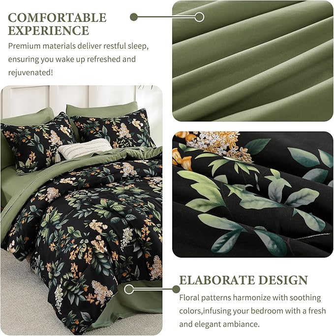 Cottolester Black Comforter Set Queen Size Floral 7-Piece Bedding Set,Botanical Comforter Set with Pillowcases,Soft Microfiber Complete Bedding Sets for All Season