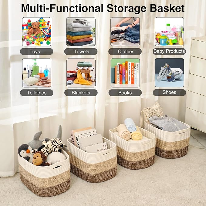 ICERZCZ Storage Baskets for Organizing & Shelves, Woven Cotton Rope Organization Bins for Dog Toys, Clothes, Books, Nursery Organizer, 15"Lx11"Wx9.5"H, (4 Packs) Gradient Brown - Image 4