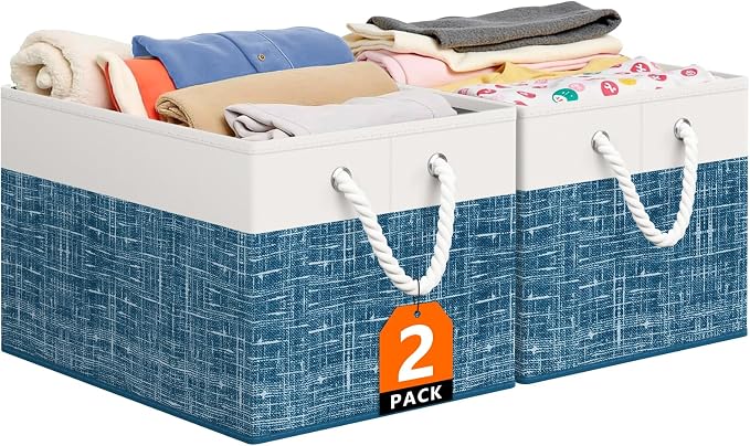 StorageTastic Storage Bin,Collapsible Storage Basket For Organizing,Large Storage Boxes With Rope Handles,Storage Containers,White & Blue,2 Pack by StorageTastic
