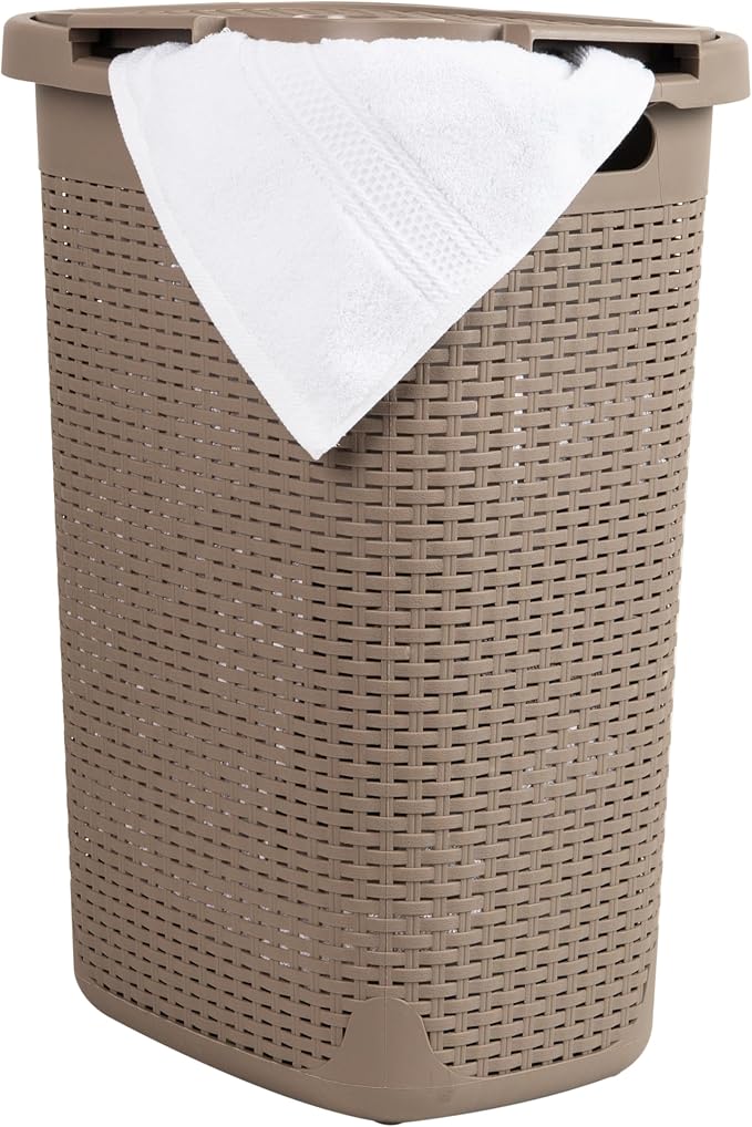 Mind Reader Slim Laundry Hamper with Lid, 60L Tall Clothes Basket, Narrow Tapered Design for Bathrooms, Closets and Laundry Rooms, Plastic, Tan by MindReader