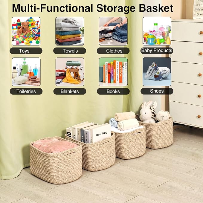 ICERZCZ Small Storage Baskets for Shelves Organizing, Woven Cotton Rope Baskets for Storage, Book Basket, Decorative Shelf Basket, 12.5"Lx9.1''Wx7.9''H (4 Packs) Mixed Brown - Image 4