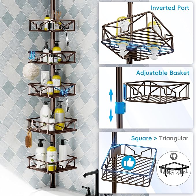 Skycarper 5 Tier Adjustable Corner Shower Caddy Organizer with Hooks,Rustproof Tension Pole 62-116 Inch,Bronze - Image 4