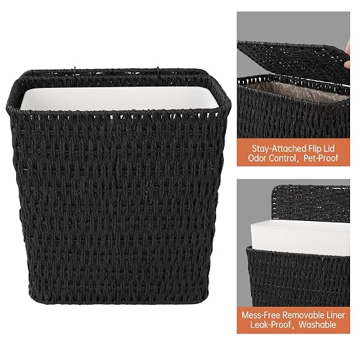 Coeusy 3 Gallon Paper Rope Bathroom Trash Can,Small Wicker Trash Cans with Lid and Liner,Woven Rattan Narrow Waste Basket for Bedroom,Office,Black - Image 6