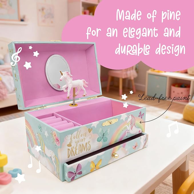 The Memory Building Co Unicorn Musical Jewelry Box Plays Classic Melody, Storage Organizer Music Box for Kids Ages 6-12, MDF Wood w/ 2 Fabric Lined Ring Bracelet Necklace Treasure Compartments - Image 5