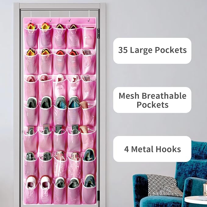 SAVERHO 35 Pockets Over the Door Shoe Organizer, Hanging Shoe Organizer for Door with 35 Mesh Pockets Large Capacity Shoe Hanging Storage Bag with 4 Metal Hooks (Pink-1Pack) - Image 4