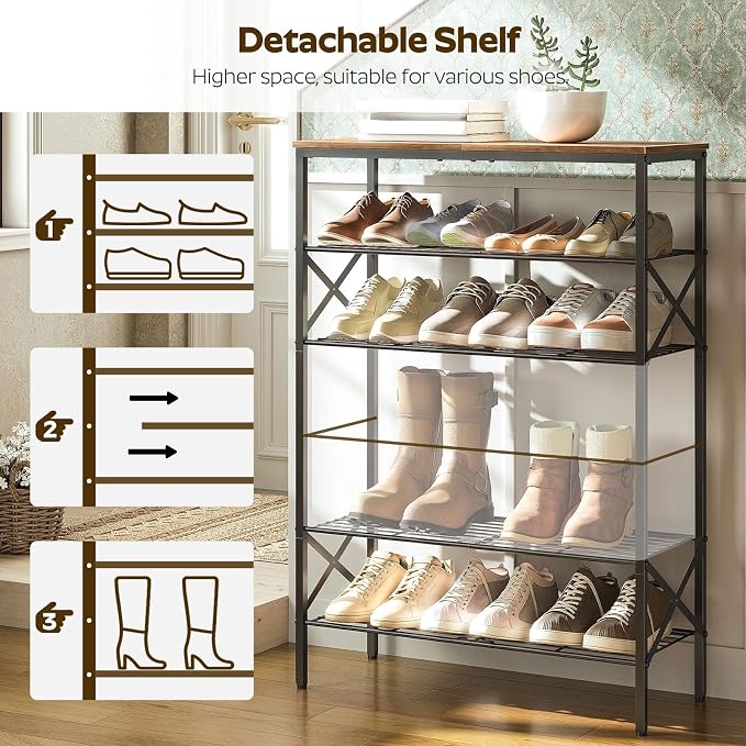 YATINEY 6-Tier Shoe Rack, Shoe Storage Organizer for Closet, Free Standing Shoe Organizer with Metal Mesh Shelves, 24 Pairs of Shoes, Rustic Brown and Black SS06BR - Image 5