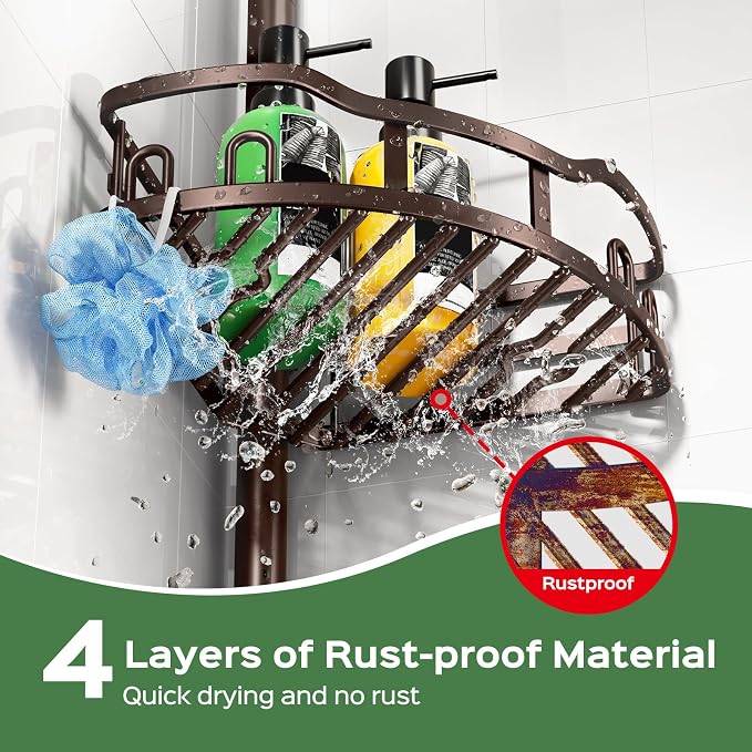 HAMITOR Shower Caddy Tension Pole: Rustproof Quick Install Corner Bathroom Organizer Shelf on Floor for Renters - 4-Tier Large Capacity Storage Rack with Soap Holder for Apartment -47-121 Inch/Bronze - Image 2