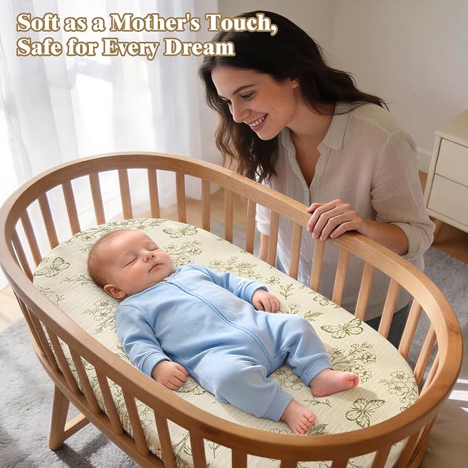 Basumee Muslin Bassinet Sheets for Baby Girl Boy 2 Pack Soft Breathable Baby Bedside Bassinet Fitted Sheets with Bottom Elastic Band Mattress Cover for Rectangle Oval Hourglass Bassinets
