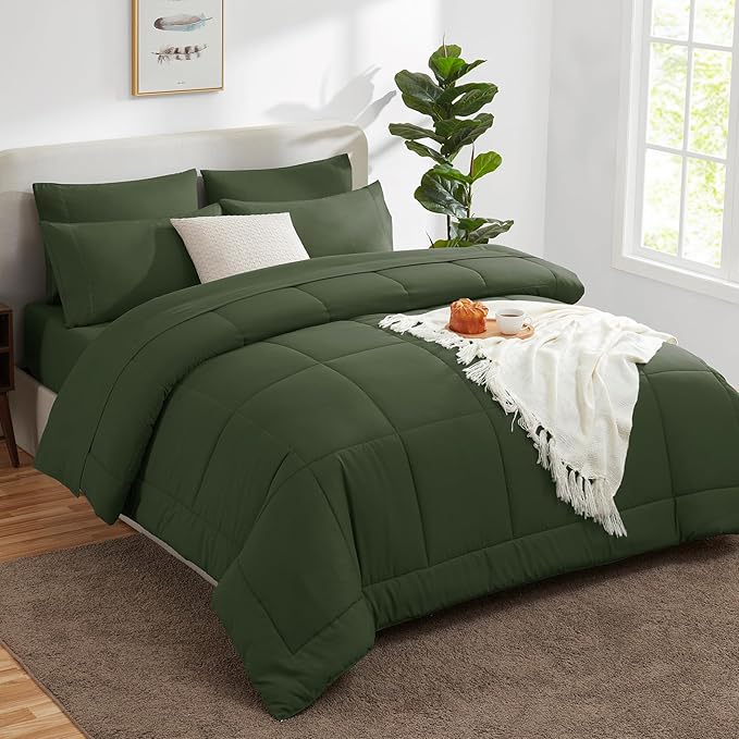 CozyLux King Size Comforter Set Olive Green, 7 Pieces Bed in a Bag, Green Comforter King Size, All Season Bedding Sets with Stitch Quilted Comforter, Flat Sheet, Fitted Sheet, Pillowcases