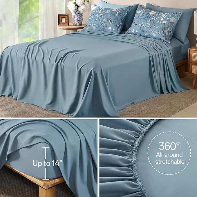 Yiran Blue Comforter Set King Size, 7 Piece Floral Comforter Bedding Set, Botanical Farmhouse Bed in a Bag, Soft Microfiber Complete Bedding Set with Sheets for All Season