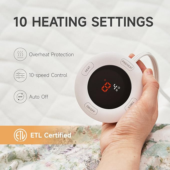 Electric Mattress Pad Queen Size 60"x80"- Electric Mattress Pad Dual Control with 10 Heat Settings & 10 Hour Auto Off,Fit up to 18" Deep Pocket,ETL