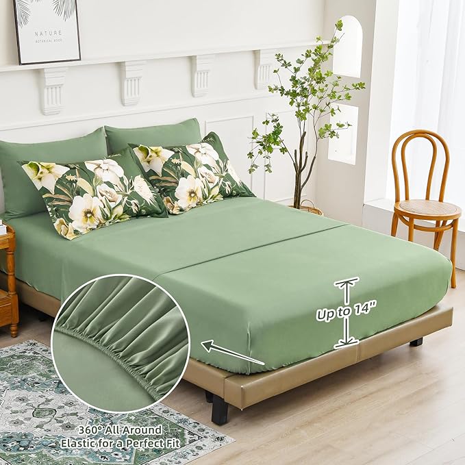Luxudecor Floral Comforter Set Queen Size 7 Piece, Olive Green Flower Bed in a Bag, Elegant Comforter Bedding Set for All Season (Olive Green, 90"x90")