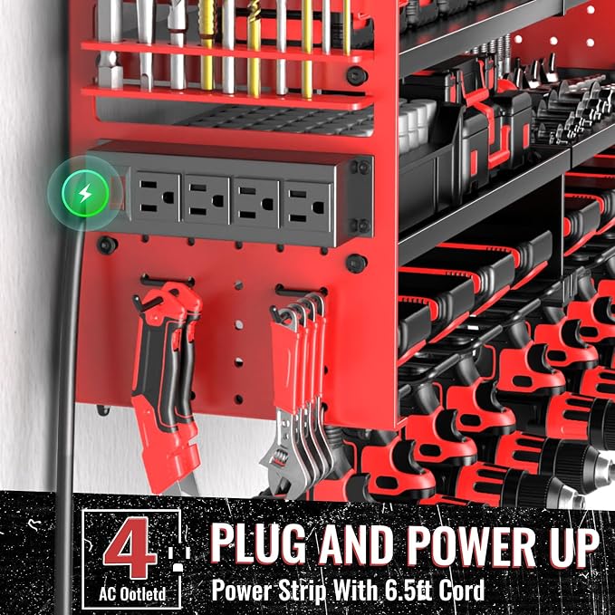 Large Power Tool Organizer Wall Mount with Charging Station, 4 Layer Heavy Duty Metal Cordless Tool Organizer, Tool Storage Rack with 8 Cordless Drill Holder Screwdriver Hammer(Red) - Image 5