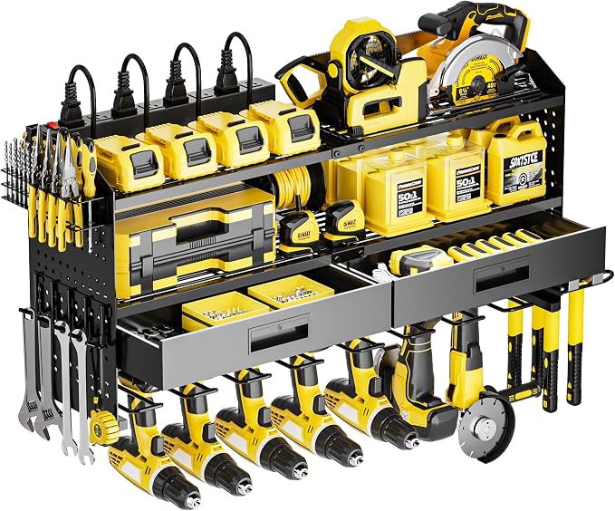 Power Tool Organizer Wall Mount Heavy Duty 400 lbs, 4 Layers Storage Rack with 9 Drill Holders & Battery Storage, Cordless Tool Organizer for Garage, Workshop & Tool Room by Unknown