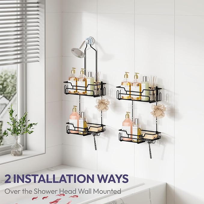 SWTYMIKI Bathroom Shower Caddy Hanging - Extended Length 2 Tier Rustproof Over Shower Head Organizer, No Drilling Bathroom Shelf with 14 Hooks & Soap Holder, Anti-Swing Rack, Black, Medium - Image 2