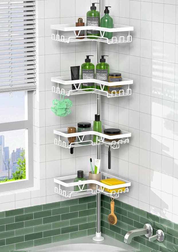KEGII Corner Shower Caddy Tension Pole - 4-Tier Rustproof Bathroom Organizer, Floor to Ceiling Shower Caddy 25-114.2 inch, No Drilling Shower Storage Rack for Shampoo, Towels (Matte White) | Rustproof, Bathroom Organizer, Shower Storage Rack, for Shamp... by KEGII