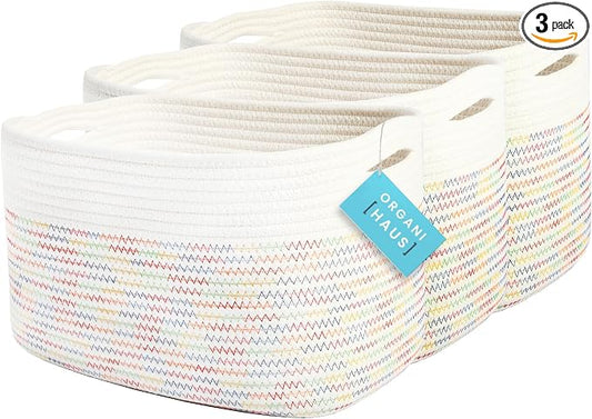 OrganiHaus Set of 3 Rainbow Baskets - Colorful Woven Storage Baskets for Playroom, Nursery & Classroom Decor, Toy Storage, Rainbow Stitches, 15x9x10 by OrganiHaus