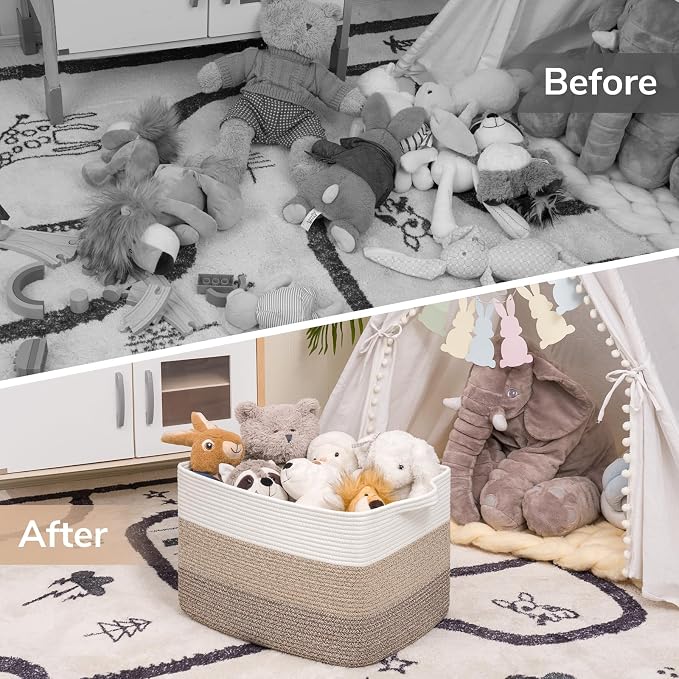 Goodpick Large Storage Basket, 18"x14"x12" Cotton Rope Organizer for Blankets, Toy Baskets Storage Kids, Rectangle Woven Basket for Living Room, Bedroom, Gradient Brown - Image 7
