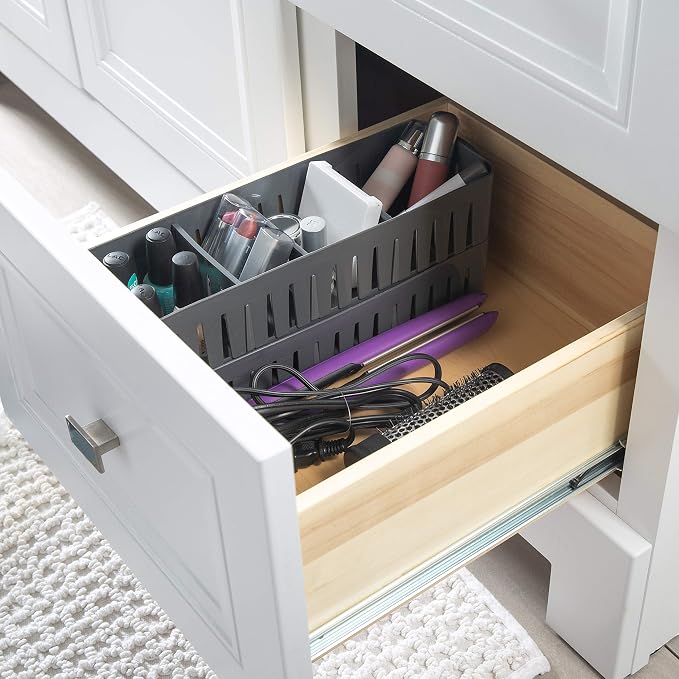 Simplify 2 Pack 4 Compartment Stackable Bin with Adjustable Dividers | Drawer Organizer | Storage Basket | Good for Office | Desk Supplies | Dorm |Bathroom | Accessories | Make Up | Grey - Image 6