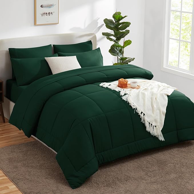 CozyLux Queen Comforter Set Emerald Green, 7 Pieces Bed in a Bag, Green Comforters Queen Size, All Season Bedding Sets with Stitch Quilted Comforter, Flat Sheet, Fitted Sheet, Pillowcases