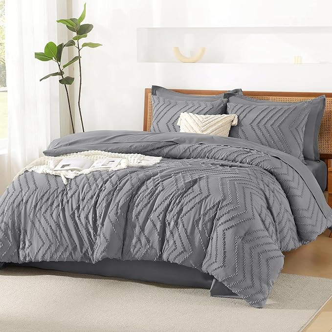 Litanika Queen Size Comforter Set with Sheets Medium Gray - 7 Pieces Bed in a Bag Queen Chevron Tufted Complete Bedding Sets with Comforter, Sheets, Pillowcases & Shams