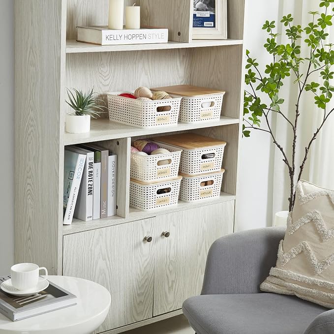 Bagnizer Small Plastic Storage Bins with Bamboo Lids 5.2qt Stackable Box Basket Pantry Decorative Containers Cute with Labels for Organizing Desktop Closet Office Cream White of 6 packs 10*7.2*4.1" - Image 6