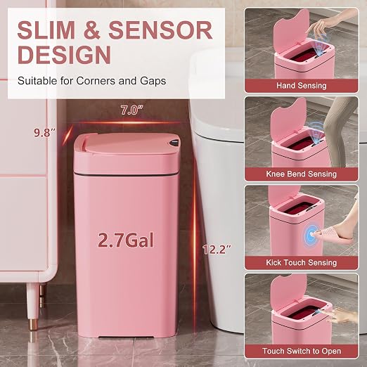 Vanpopubs 2 Pack 2.7 Gal Bathroom Trash Can with Lid, Automatic Trash Can Small Smart Garbage Can Touchless, Slim Motion Sensor Waterproof Plastic Trash Bins for Bedroom Office Kitchen Toilet Pink - Image 3