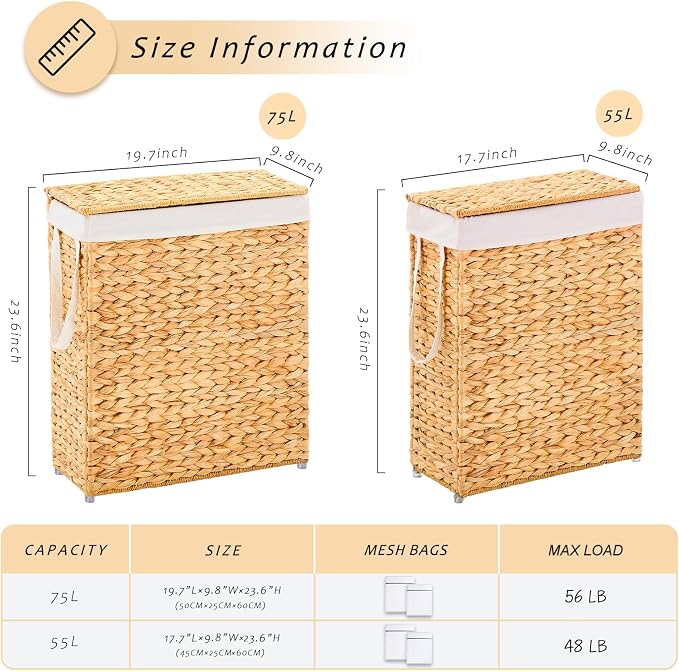 Handwoven Slim Laundry Hamper with Lid, 55L Natural Water Hyacinth Basket and Handles, Narrow Wicker Laundry Basket with Removable Liner Bag & 2 Mesh Bags - Image 2