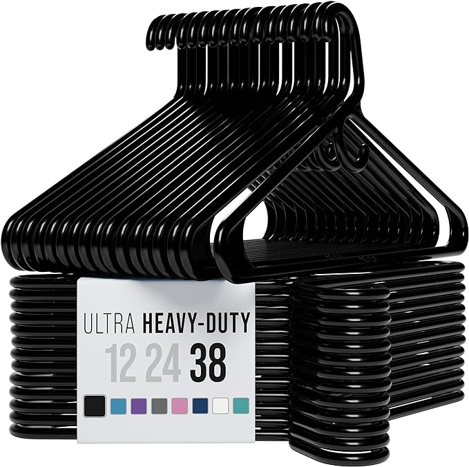 NEATERIZE Thick Heavy Duty Hangers - Black Plastic Clothes Hangers 38 Pack - Great for Coat Hanger, Jackets Jeans & Suit Hanger for Closet - New Apartment Essentials Percheros Ganchos para Colgar Ropa by Neaterize