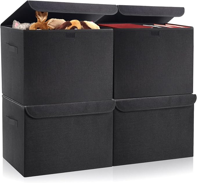 Bagnizer Large 22 Quart Linen Fabric Foldable Storage Bin Cube Organizer Basket with Flip-Top Lid & Handles, Clothes Blanket Box for Home, Office, Closet, Black, 4 Pack 14.6 x 9.5 x 9.5” by Bagnizer